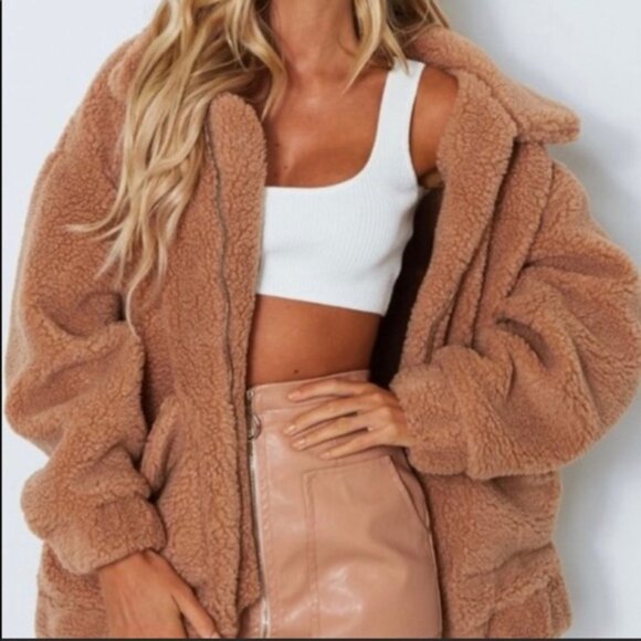 White Fox Teddy Coat in Camel - Picture 1 of 4